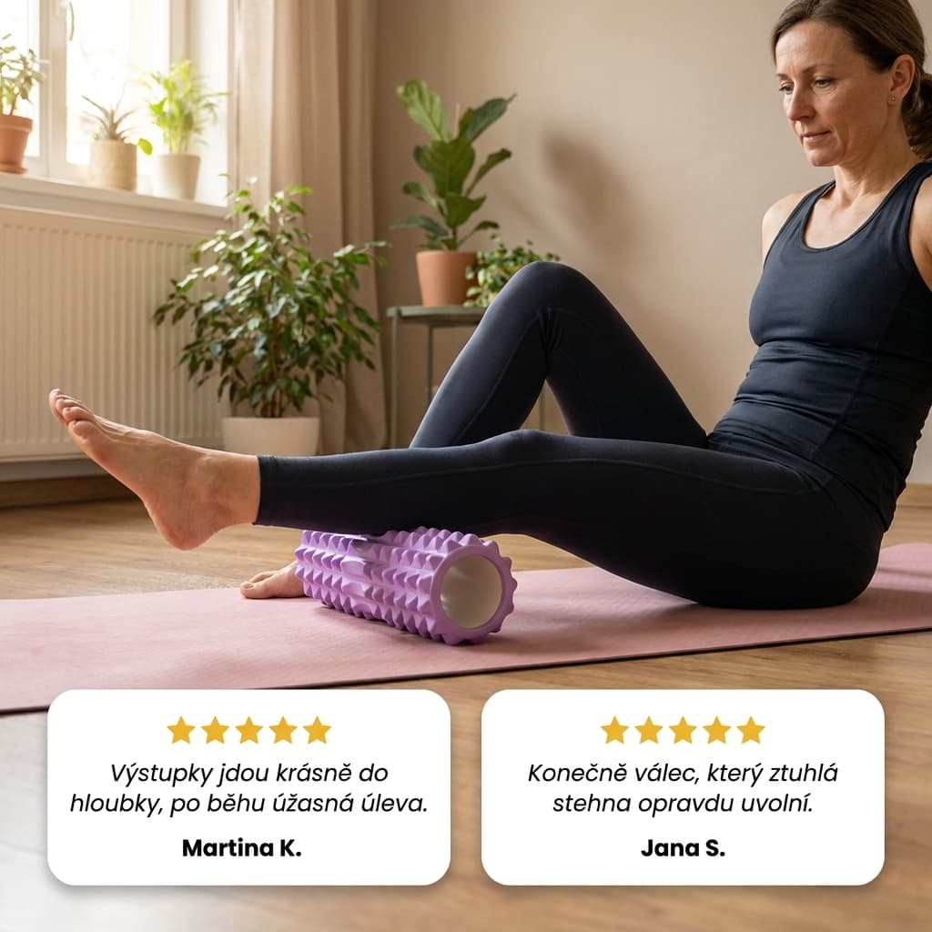 Žena používá masážní válec s výstupky na lýtko, recenze zákazníků